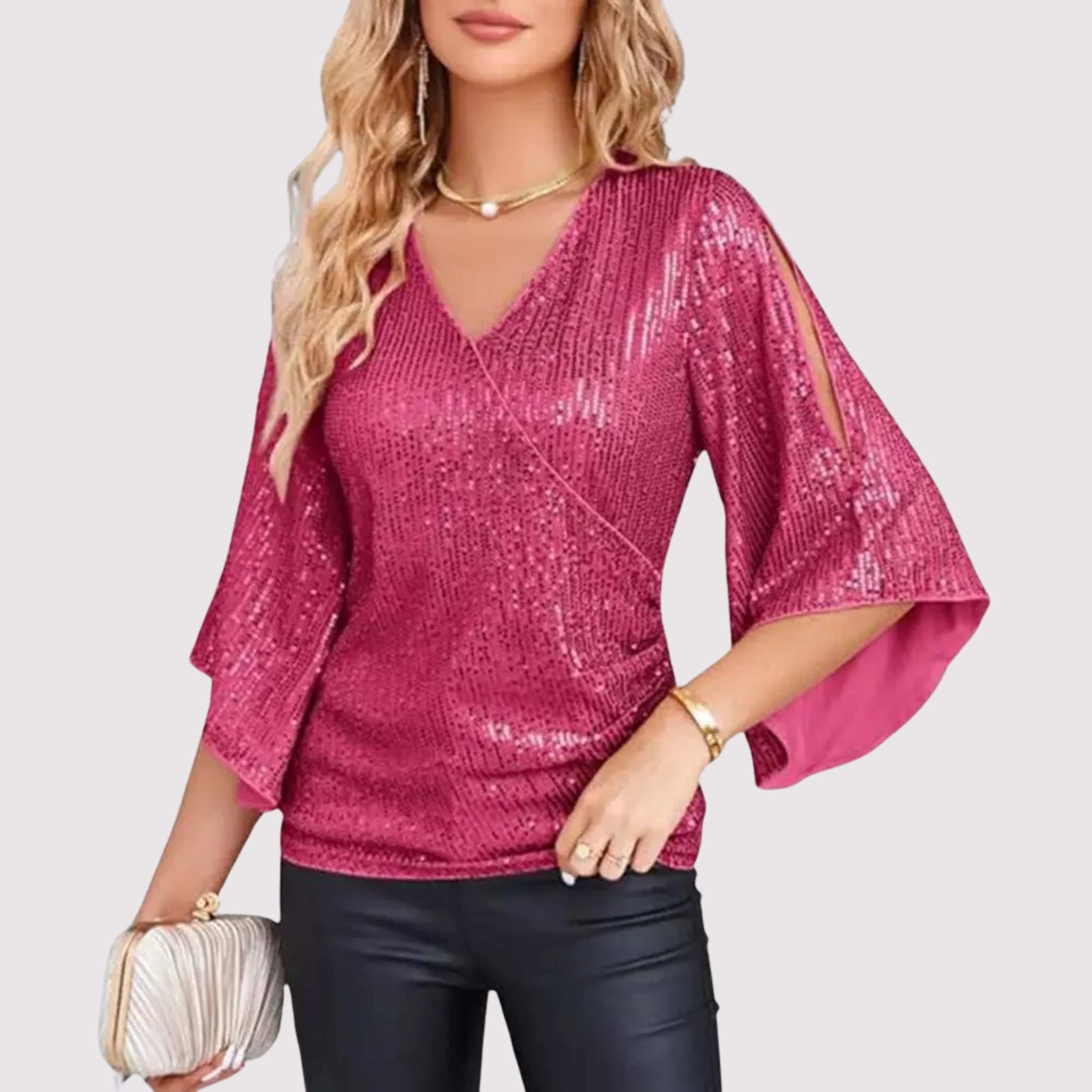 Women's New Years Eve Outfit Sequin 3/4 Sleeve Blouse | Sparkly