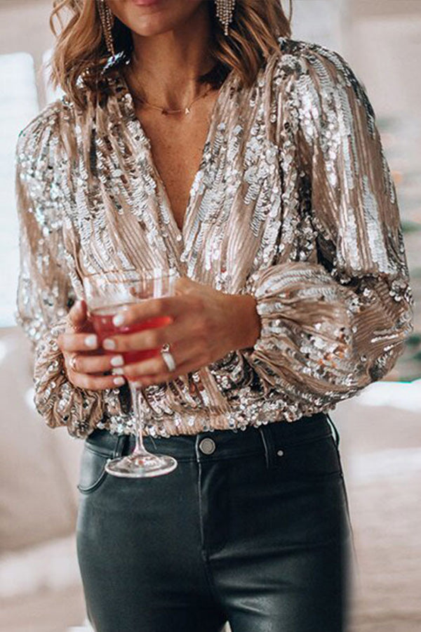 Women's New Years Eve Outfit Sequin V-Neck Blouse | Party