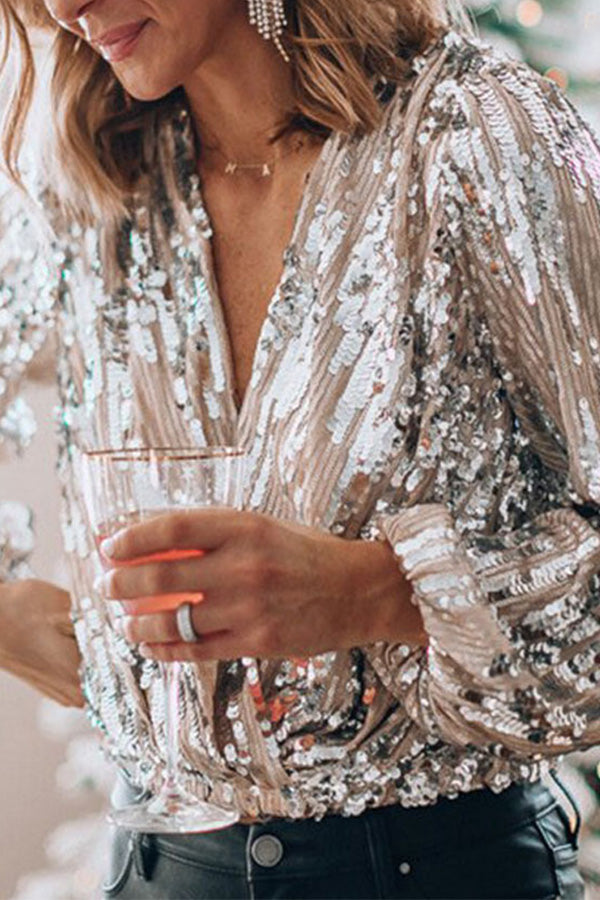 Women's New Years Eve Outfit Sequin V-Neck Blouse | Party