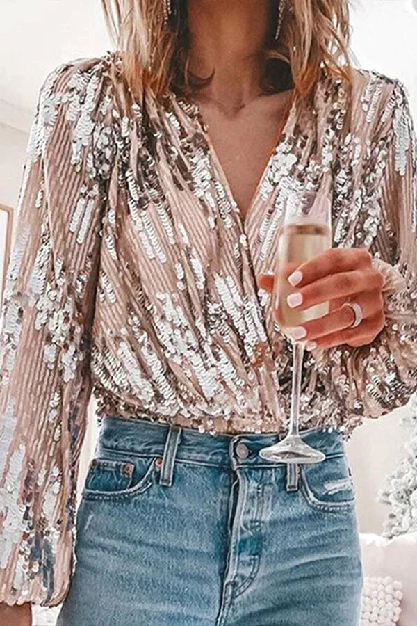 Women's New Years Eve Outfit Sequin V-Neck Blouse | Party