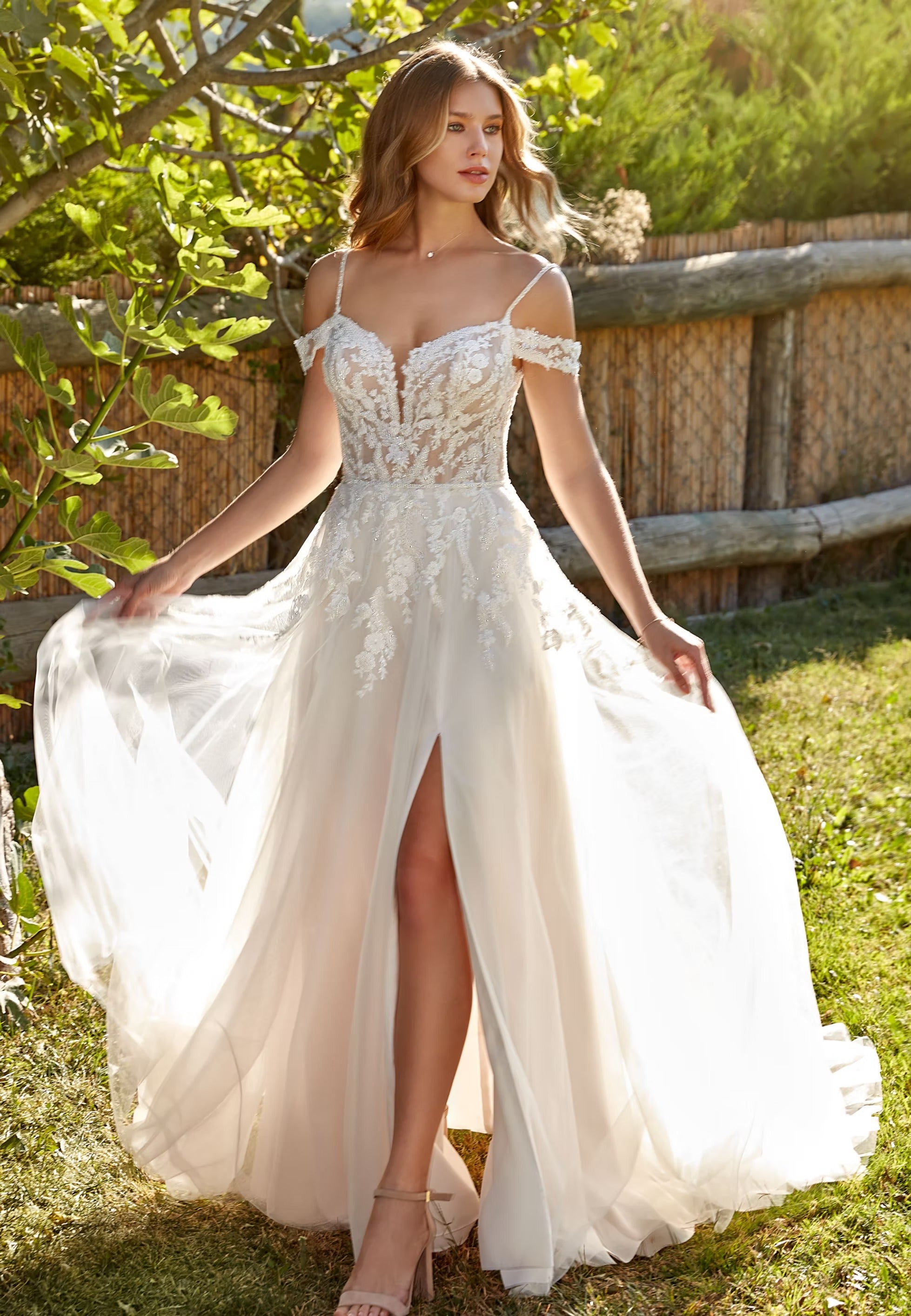 Women's Off Shoulder Lace Wedding Dress With Slit | Maxi