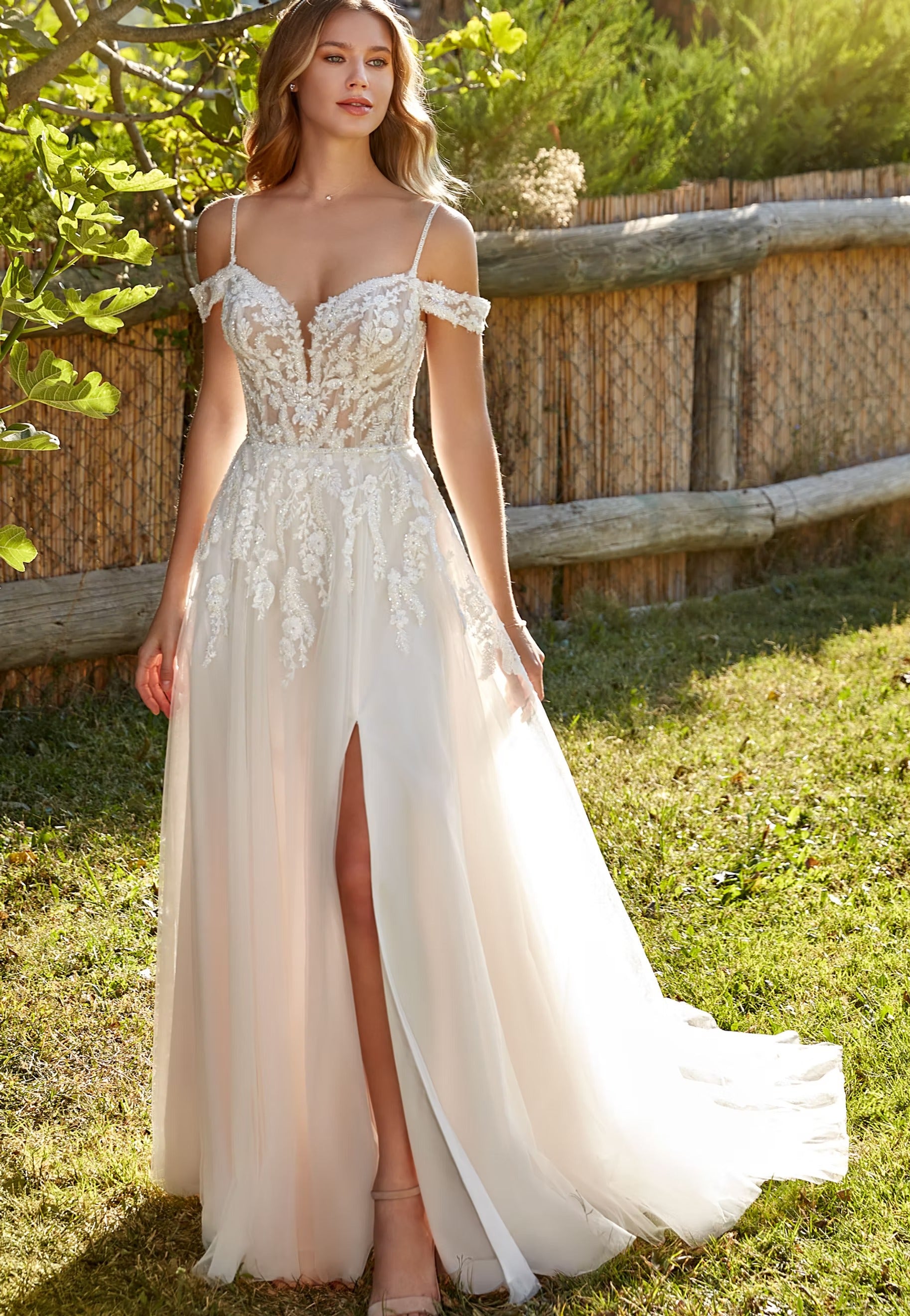 Women's Off Shoulder Lace Wedding Dress With Slit | Maxi