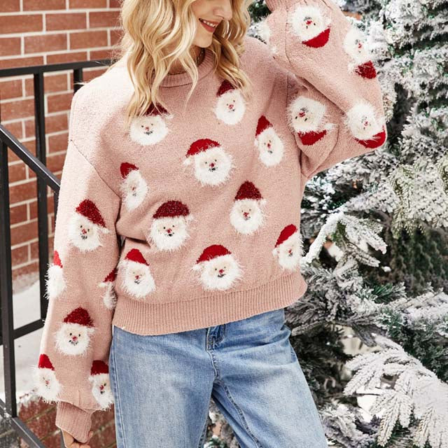Women's Pink Christmas Jumper Santa Print | Holiday