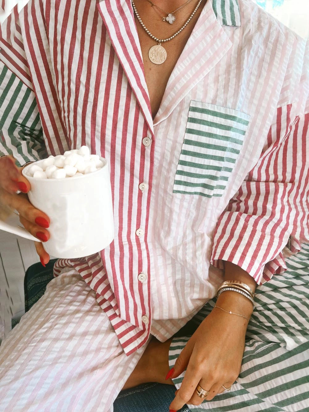 Women's Pyjamas Button Front Mixed Stripe | Patchwork