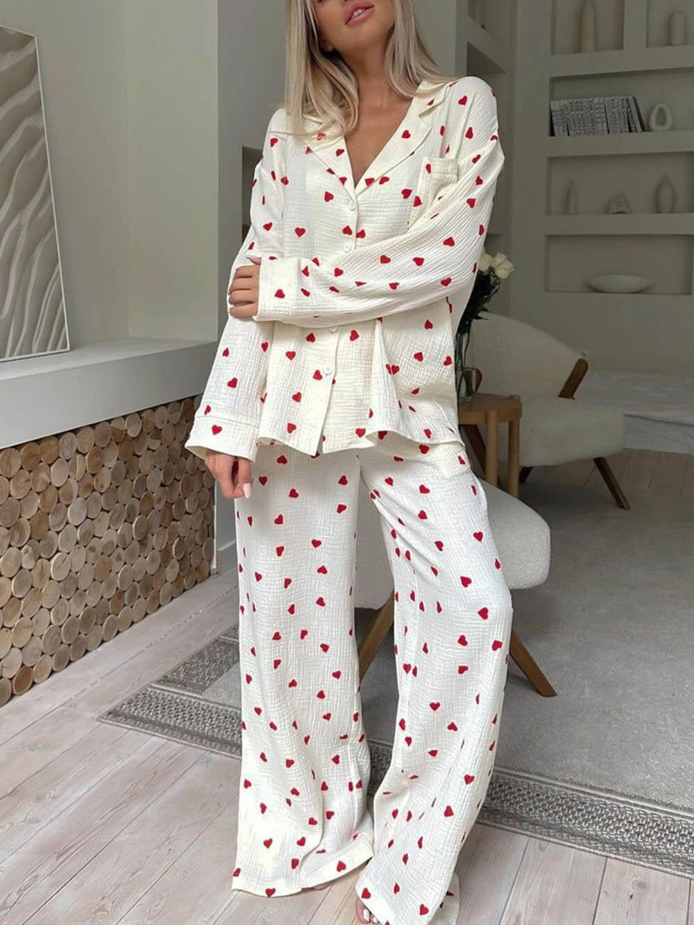 Women's Pyjamas Heart Print Button Front | Wide Leg