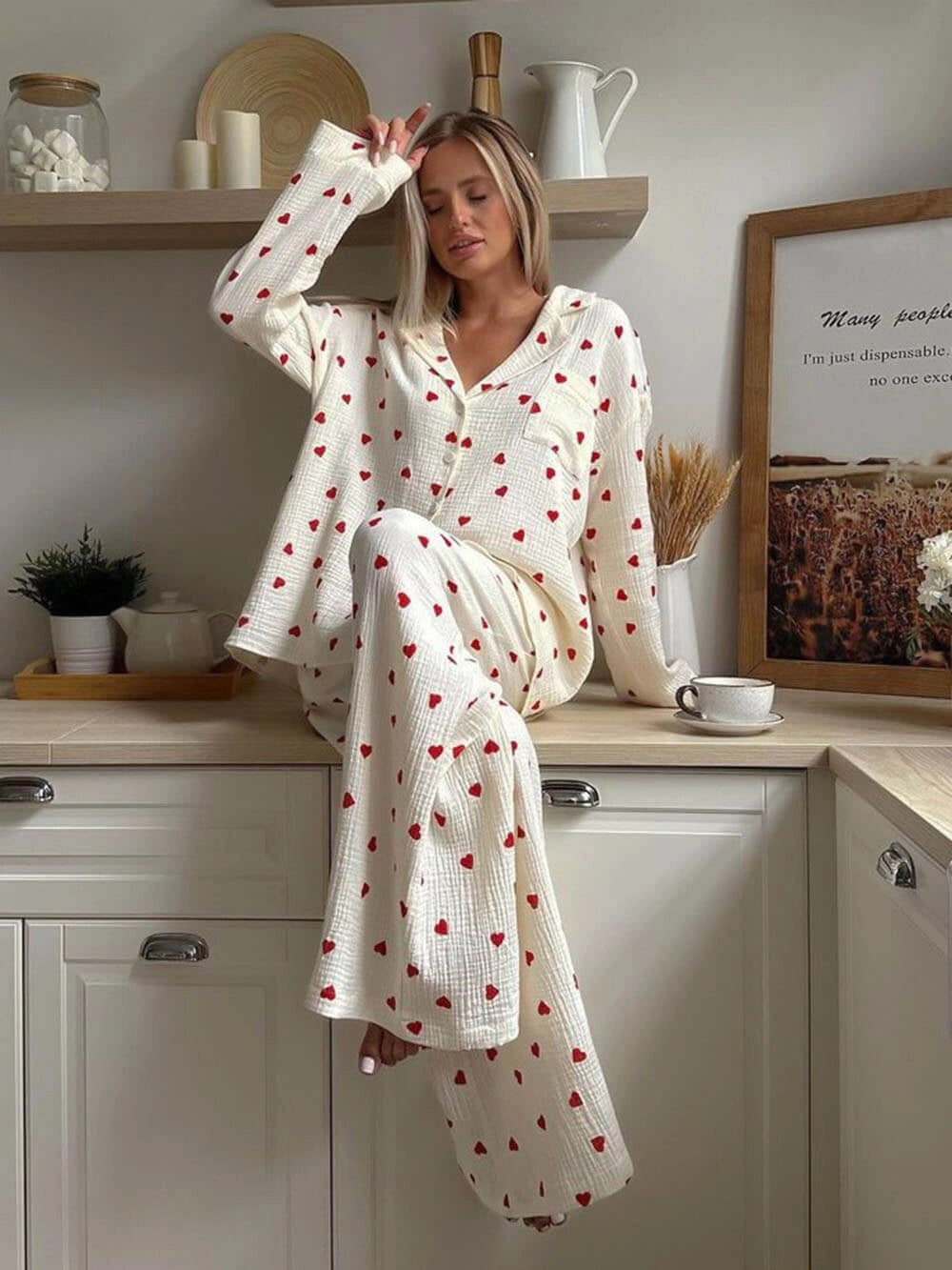 Women's Pyjamas Heart Print Button Front | Wide Leg