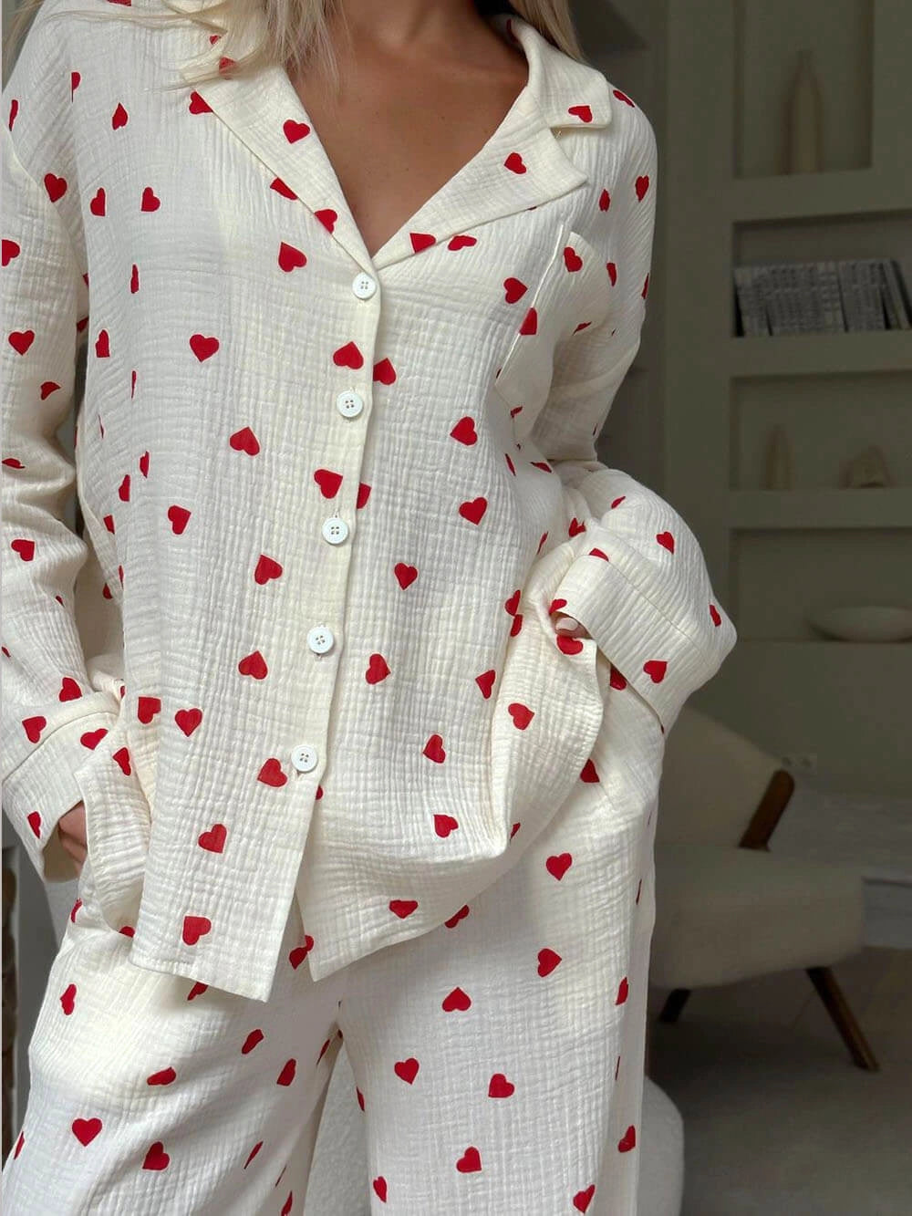 Women's Pyjamas Heart Print Button Front | Wide Leg