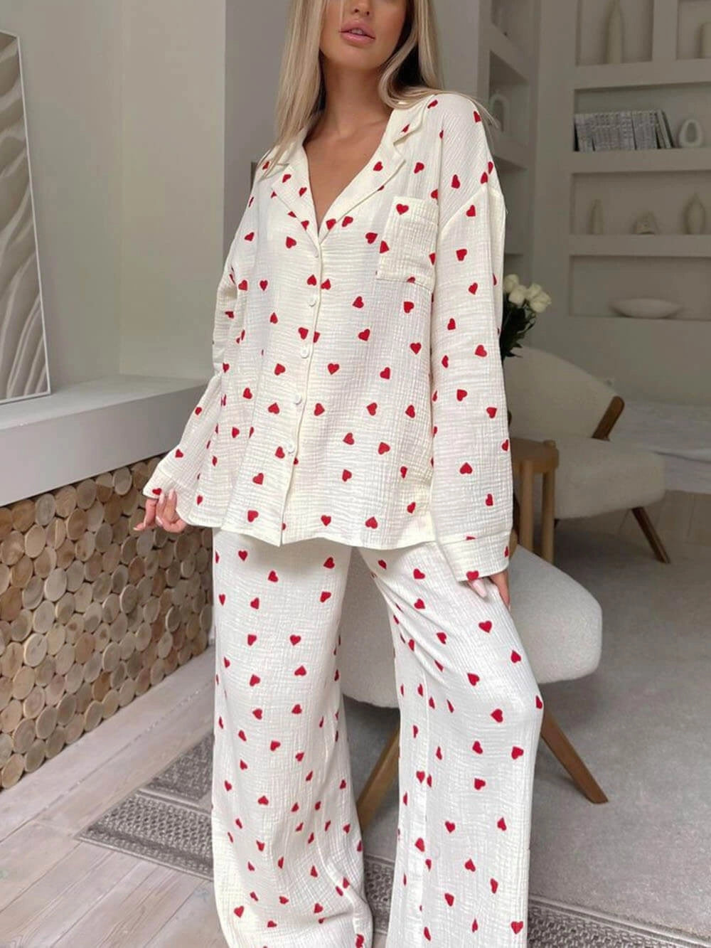 Women's Pyjamas Heart Print Button Front | Wide Leg