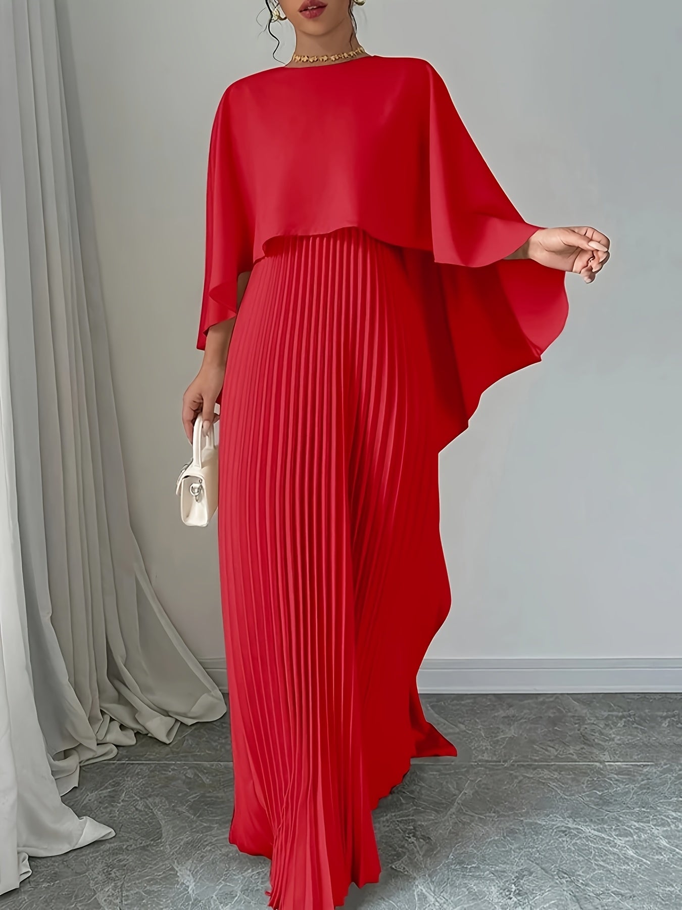 Women's Red Maxi Dress Pleated Cape | Elegant