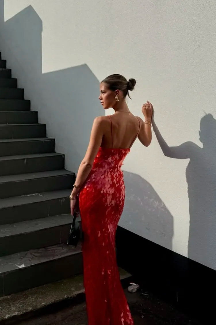 Women's Red Sequin Dress Deep V Maxi | Evening