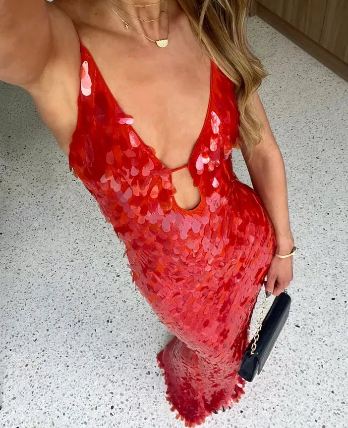 Women's Red Sequin Dress Deep V Maxi | Evening