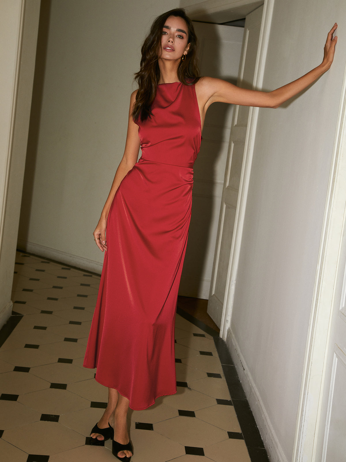 Women's Red Sleeveless Maxi Dress Backless | Elegant