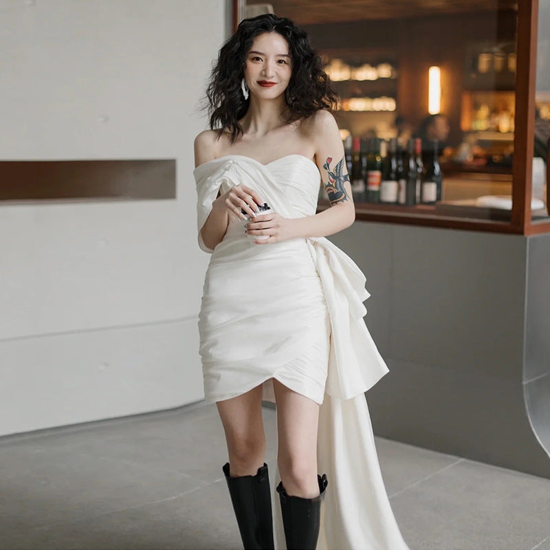 Women's Ruched Bridal Wedding Gown Dress With Train | Mini