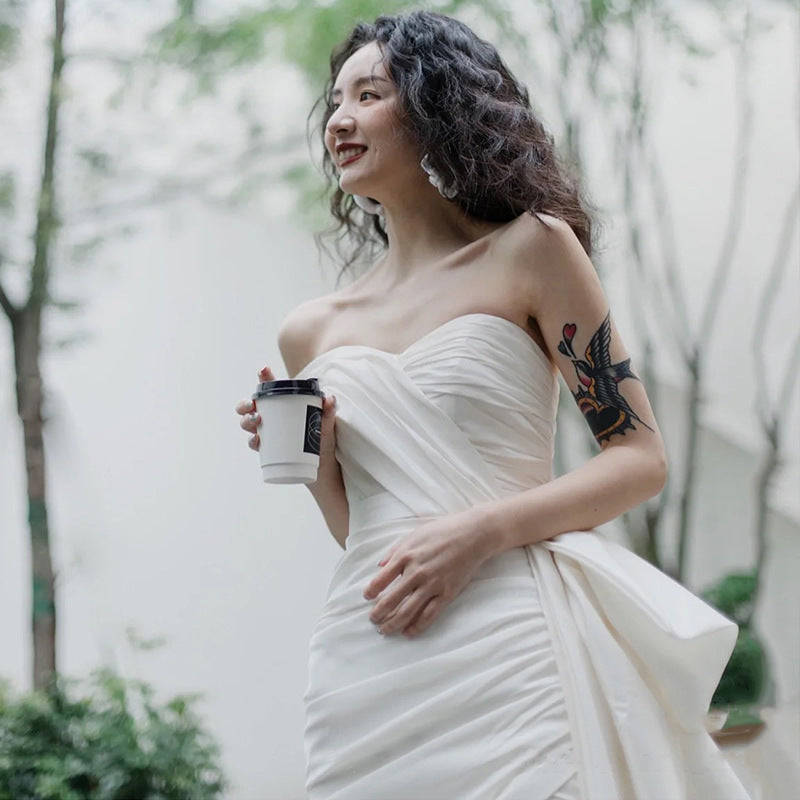Women's Ruched Bridal Wedding Gown Dress With Train | Mini