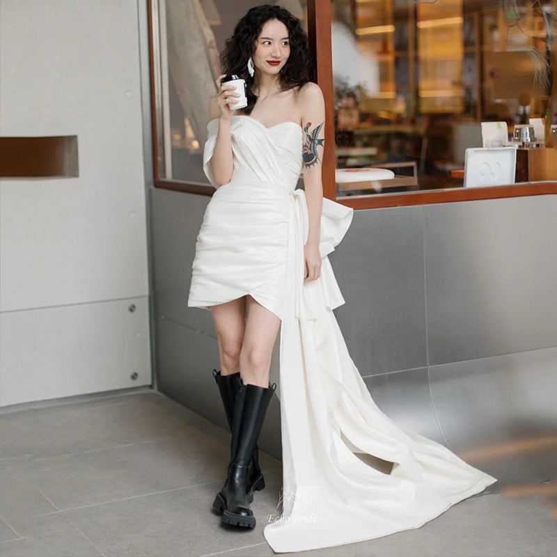 Women's Ruched Bridal Wedding Gown Dress With Train | Mini