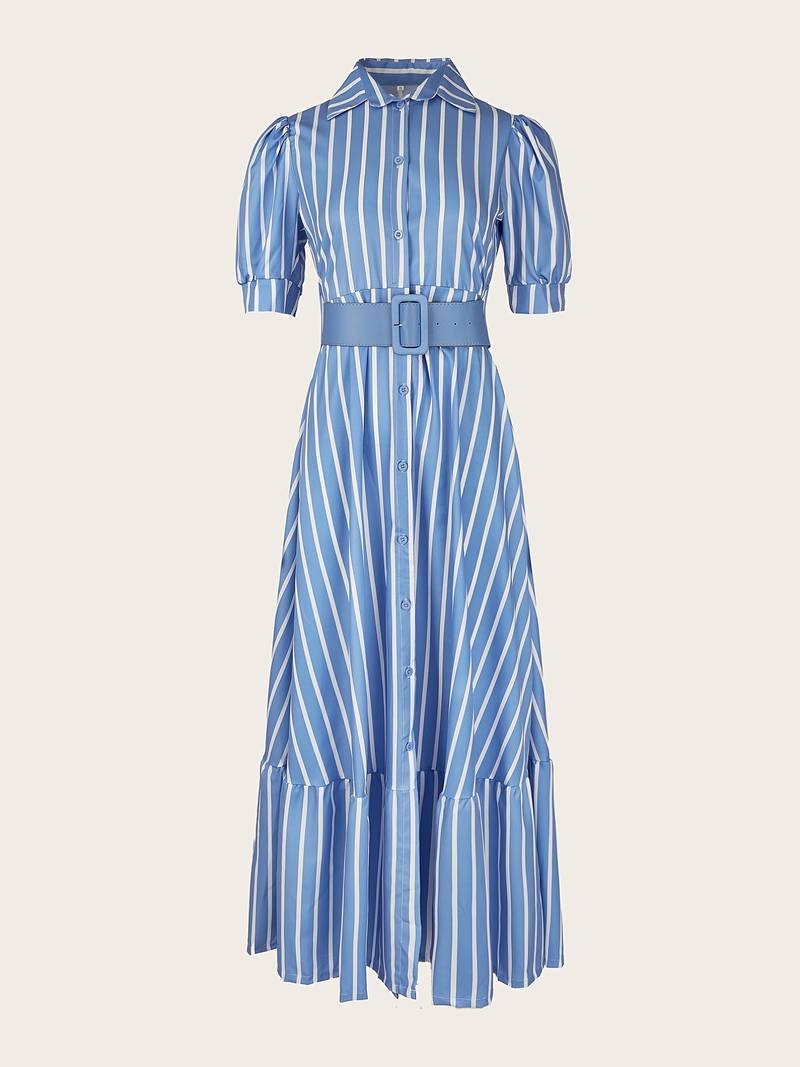 Women's Shirt Dress Striped Puff Sleeves Belted | Modest