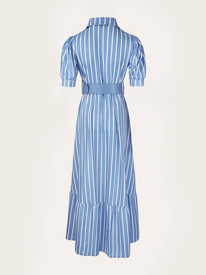 Women's Shirt Dress Striped Puff Sleeves Belted | Modest