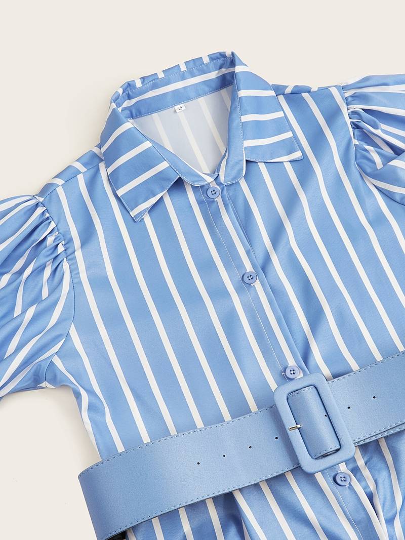 Women's Shirt Dress Striped Puff Sleeves Belted | Modest
