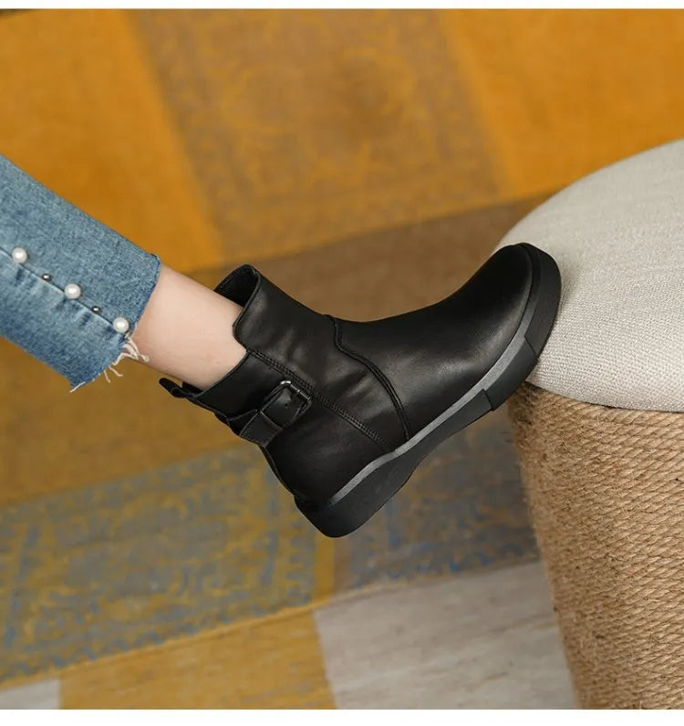 Women's Slip On Ankle Boots With Side Buckle | Flat Sole