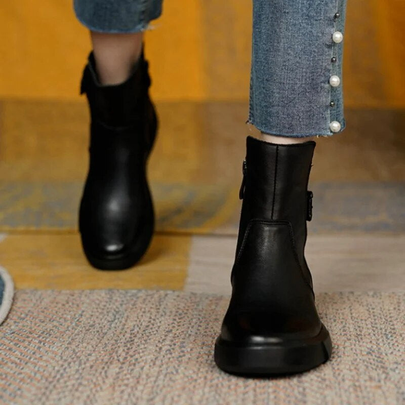 Women's Slip On Ankle Boots With Side Buckle | Flat Sole