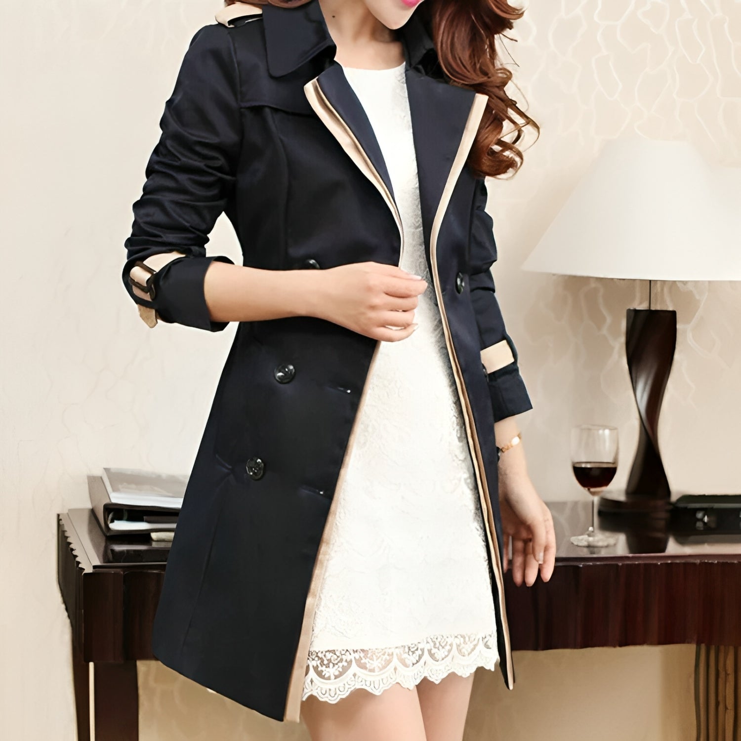 Women's Trench Coat Double-Breasted | Contrast Trim