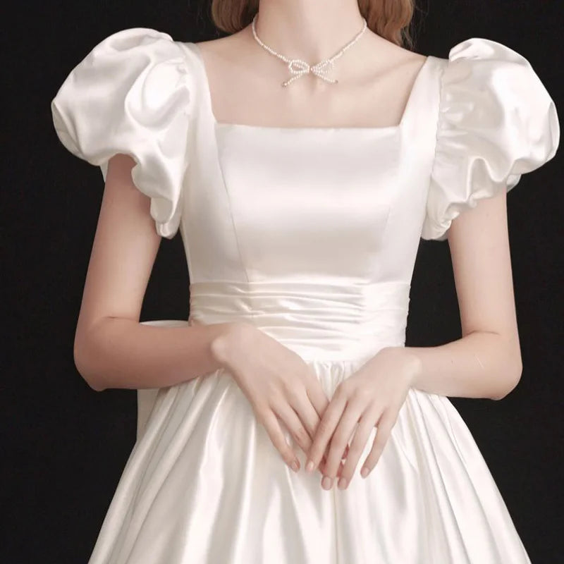 Women's Vintage Bridal Wedding Gown Dress Puff Sleeves | Midi French Style