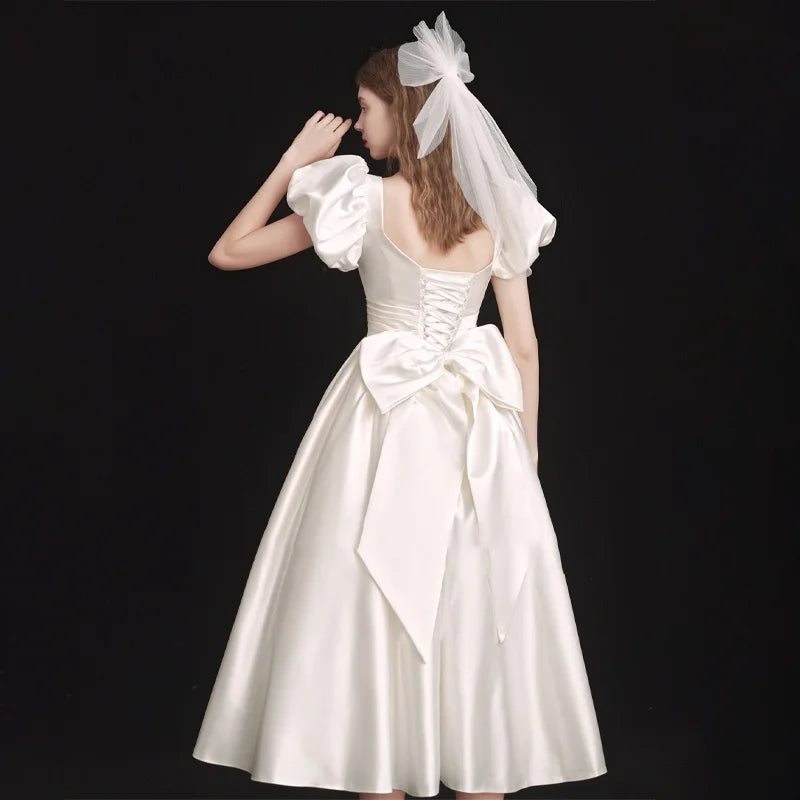 Women's Vintage Bridal Wedding Gown Dress Puff Sleeves | Midi French Style