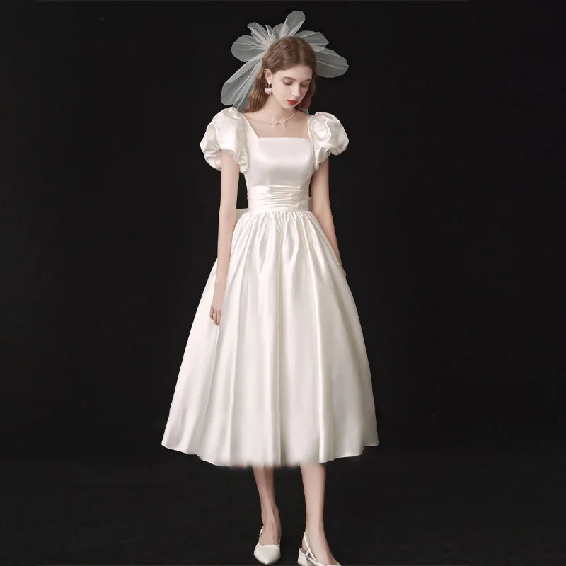 Women's Vintage Bridal Wedding Gown Dress Puff Sleeves | Midi French Style