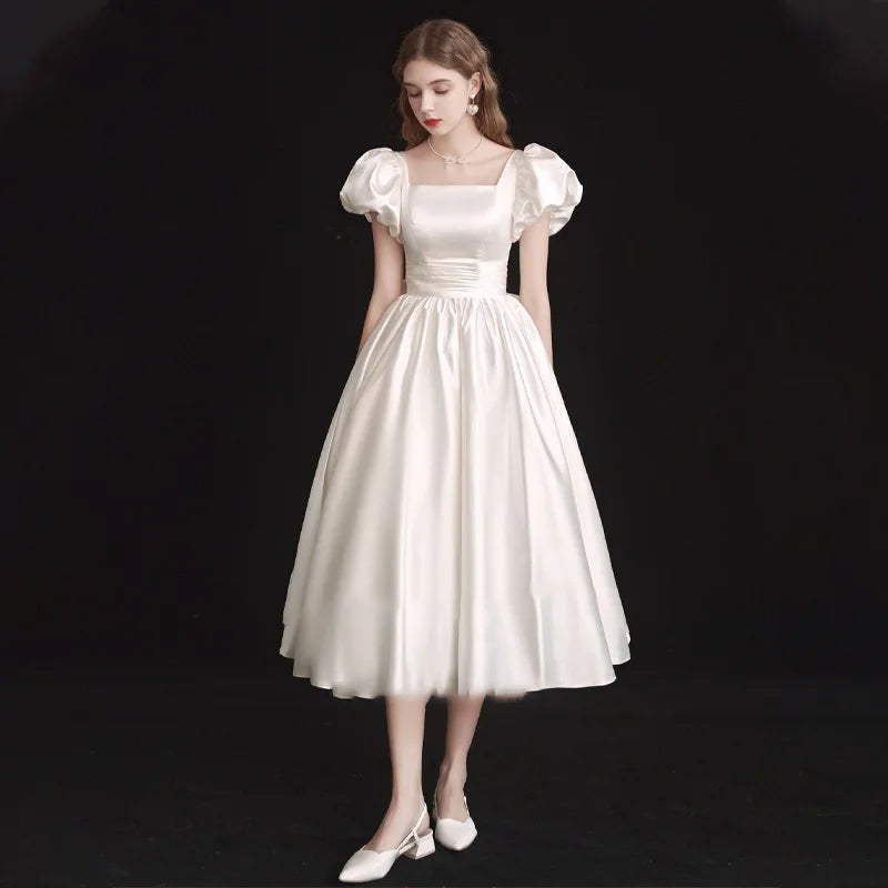 Women's Vintage Bridal Wedding Gown Dress Puff Sleeves | Midi French Style