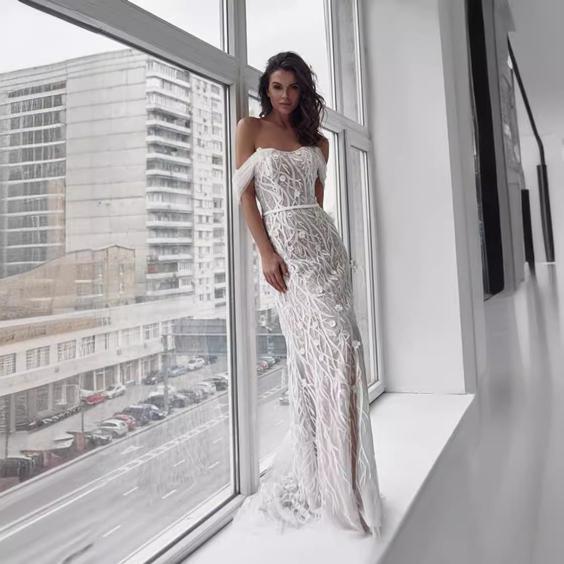 Women's Wedding Dress Off-Shoulder | Embroidered