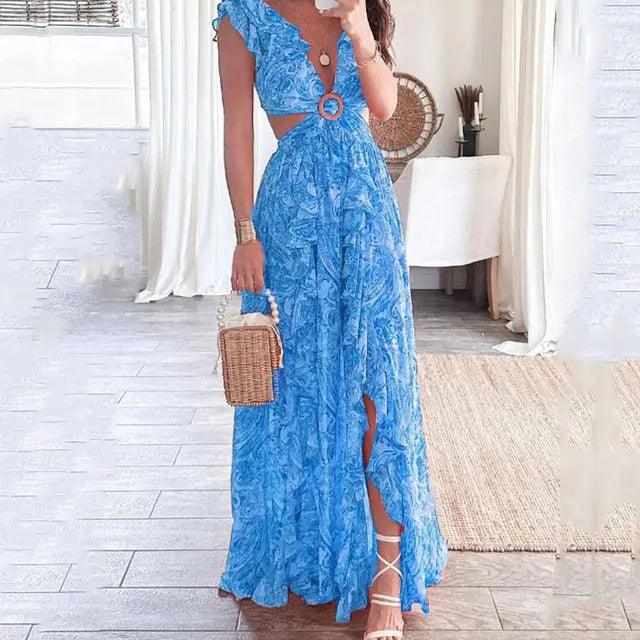 Women's Wedding Guest Dress Floral Maxi | Cut-Out Waist