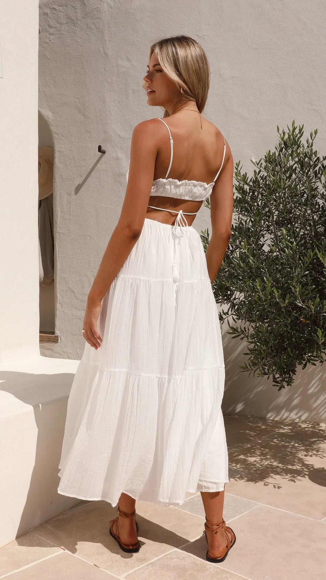 Women's White Dress Spaghetti Strap Tiered Midi | Boho