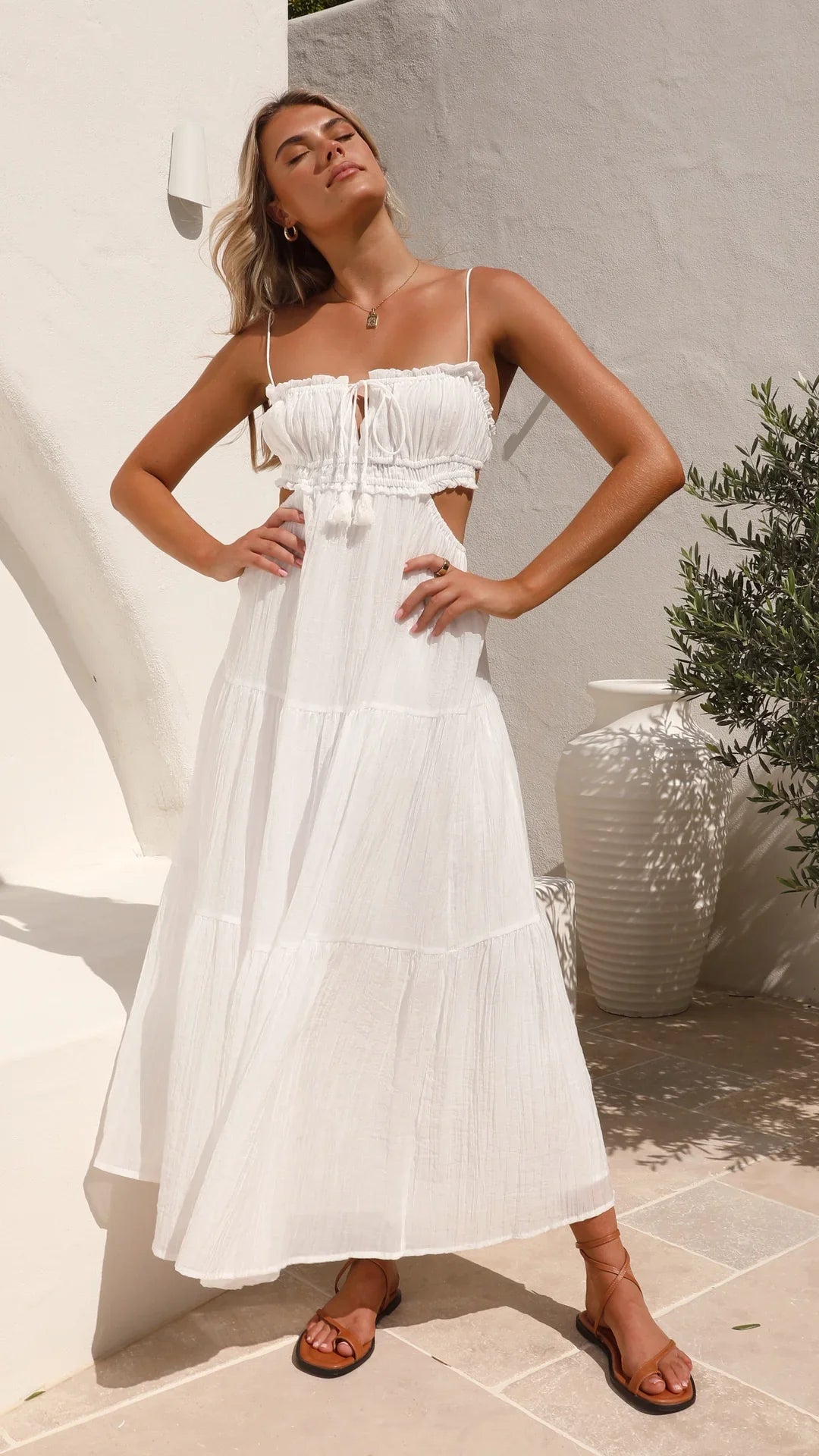 Women's White Dress Spaghetti Strap Tiered Midi | Boho
