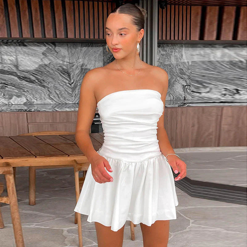 Women's White Dress Strapless Ruched | Mini