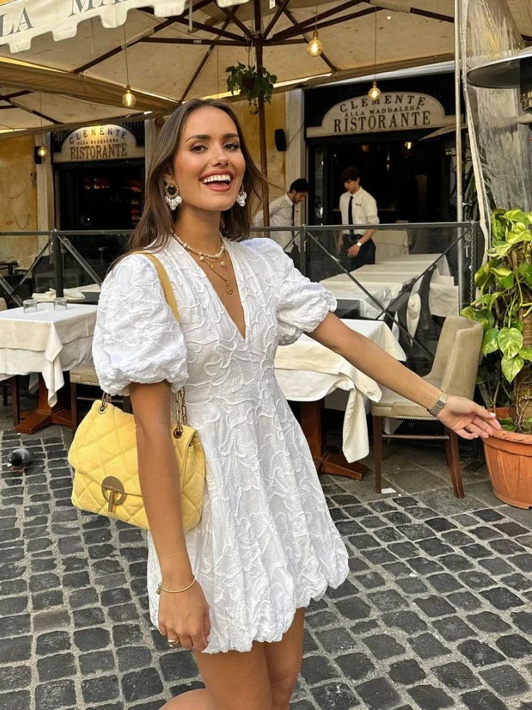 Women's White Dress V-Neck Puff Sleeve | Mini