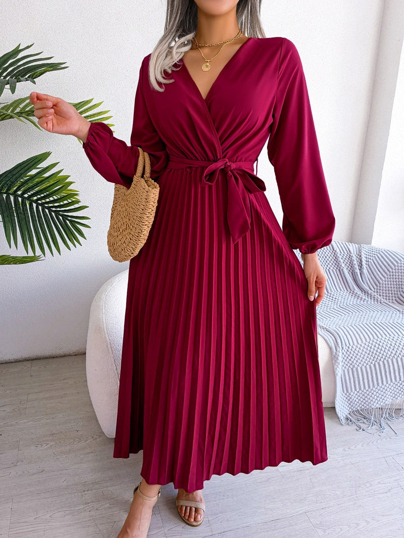 Women’s Long Sleeve Pleated Maxi Dress | Tie Waist