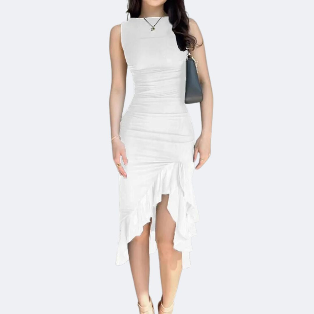 Women’s Ruched Sleeveless Midi Dress with Asymmetric Hem | Elegant